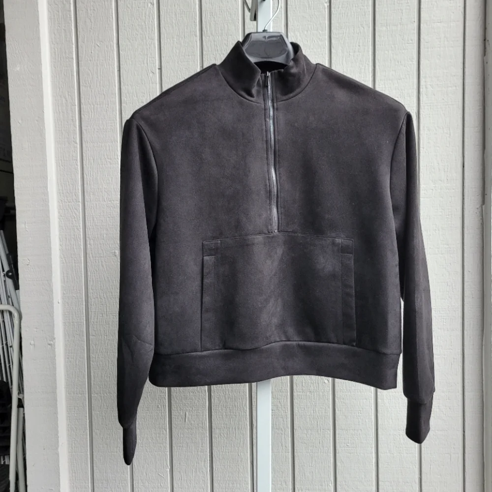 Black Faux Suede Half Zip Pullover Jacket Sweatshirt NEW Front Pocket Tahari - Picture 7 of 11